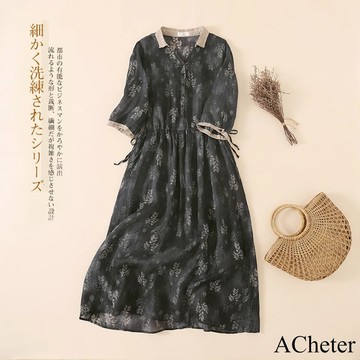 【ACheter】舒麻輕薄印花V領飄逸棉洋裝# 112936(現貨+預購)