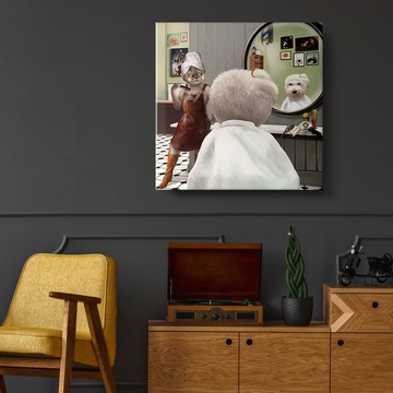 理髮廳的清爽時刻 - 貓小姐與比熊犬藝術複製畫 (療癒居家佈置)