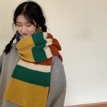 彩虹拼色韓版毛線針織圍巾女生冬季少女加厚保暖圍脖學生潮百搭款