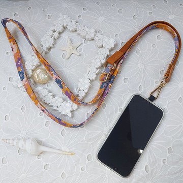 三合一多功能土黃色系花花飽和韓國棉布手機斜背繩/斜背帶/背繩/