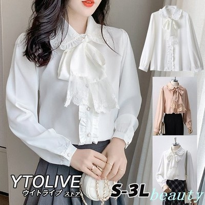 ブラウス レディース きれいめ トップス シャツ 長袖 レース リボン フリル 白 レースフリルブラウス 通販 Lineポイント最大get Lineショッピング