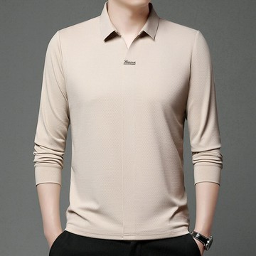 直播爆款男式長袖T恤衫秋季新款剪刀領簡約百搭純色POLO衫男上衣鑫弘-衣錦男裝