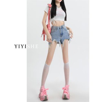 高腰破洞牛仔短褲女2023夏季新款寬松顯瘦a字辣妹毛邊闊腿熱褲