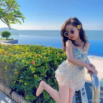 女童美人魚連體泳衣寶寶可愛泡泡袖泳裝沙灘溫泉公主裙式比基尼