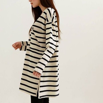 ANNAS 正韓 條紋 長版 寬鬆 T 長袖 高磅 棉 彈性 質感 氣質 韓國