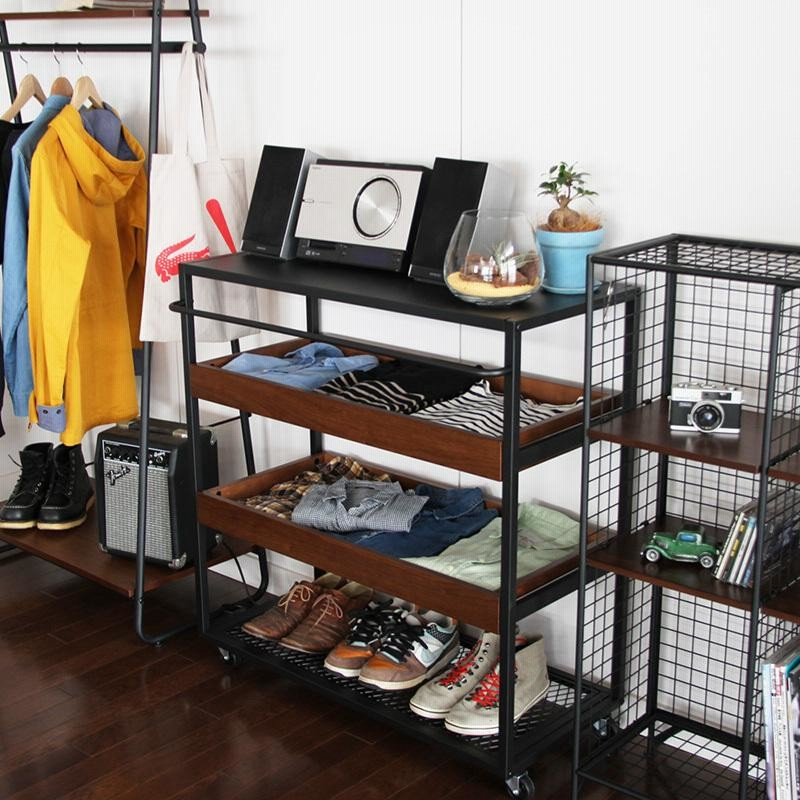 ワゴン ブラックアイアン×天然木 スタイリッシュ ワゴン ブラック