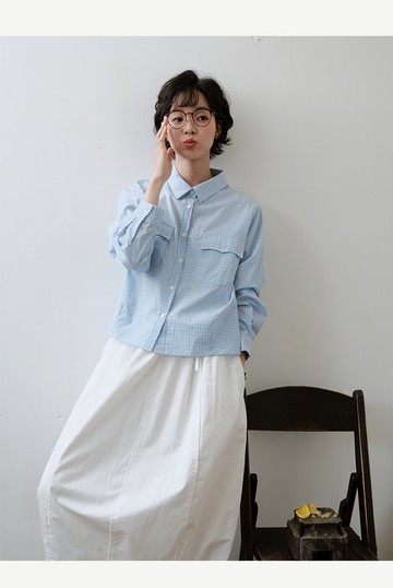 純棉藍色格子復古襯衫