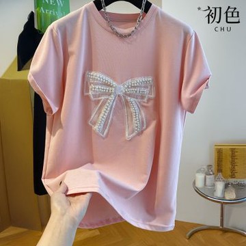 初色 重工釘珠蝴蝶結氣質減齡寬鬆顯瘦圓領短袖T恤上衣女上衣-共3色-12231(M-4XL可選/現貨+預購)