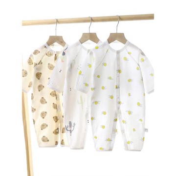 新生嬰兒長袖無骨棉麻連體哈衣薄夏季男女寶寶小熊包屁爬服空調服