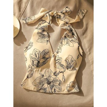 港風復古印花掛脖吊帶背心女辣妹性感美背帶胸墊打底無袖上衣外穿