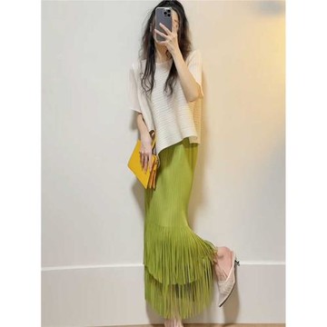 三宅系列皺褶衫不規則下擺寬松時尚上衣2025新款百褶短袖t恤女夏