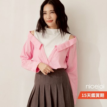 niceioi【特惠】俏皮粉紅佳人背心寬肩直條紋假兩件上衣 女裝