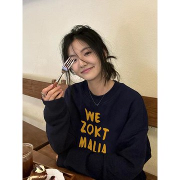 100%純棉美式復古潮牌字母圓領衛衣女銀狐絨薄款寬松慵懶長袖上衣