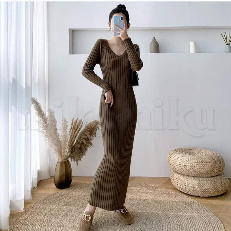 極美品 ローレン 襟付き リブニットロングワンピース 洗える ブラウン