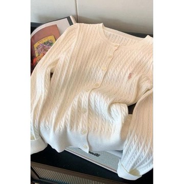 白色粉標刺繡圓領麻花針織開衫外套女秋季新款顯瘦內搭打底衫毛衣 長袖打底衫 針織衫 打底衫 長袖女裝 顯瘦內搭衣 秋冬長袖