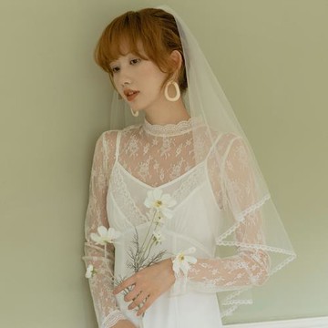 [夏摯]森系小清新雙層發叉簡約韓式新娘婚紗花邊頭紗旅拍寫真飾品