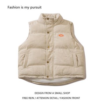 燈芯絨面料拼貼標簽背心棉服男潮休閑港風寬松百搭排扣馬甲衫冬季