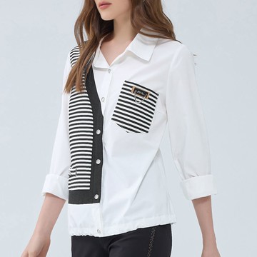 ILEY伊蕾 條紋異材質拼接簡約襯衫(白色；M-XL)1233441501