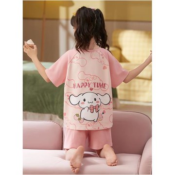 玉桂狗女童夏季睡衣純棉短袖薄款公主風兒童女孩可外穿家居服套裝