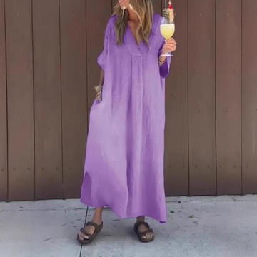 2025春季歐美跨境獨立站爆款連衣裙-洗水棉休閑短袖V領連衣裙長裙