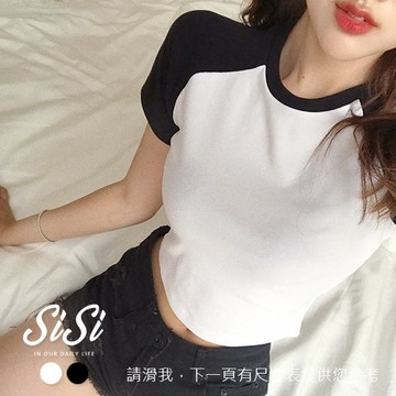 SISI【T20009】春夏日系少女性感曲線顯胸滾邊短袖連肩袖短版露腰T恤上衣T-shirt居家運動黑白素面短T