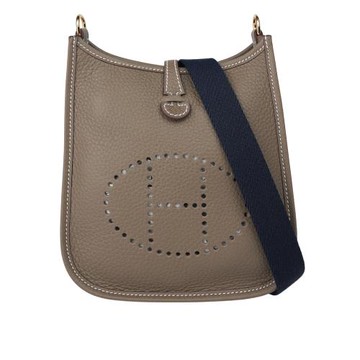 HERMES 金釦 TC皮 MINI EVELYNE 16 斜背包(大象灰/深藍背帶)