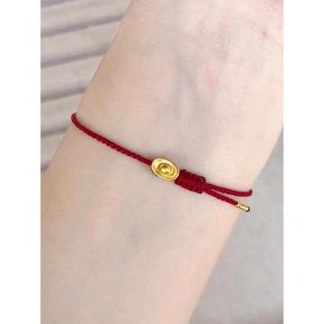 黃金色元寶紅繩招財手鏈銅鍍金男女款本命年手工編織超細紅繩手串