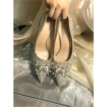 小紅書同款蝴蝶結婚鞋主婚紗水鉆水晶新娘鞋2024新款成人禮高跟鞋