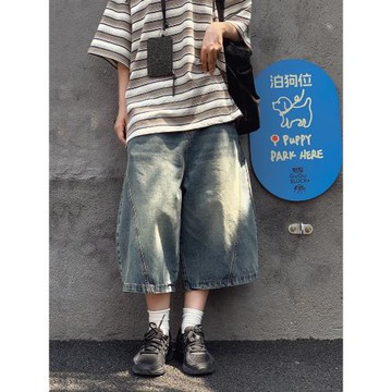 復古藍牛仔七分褲2025夏季寬松直筒磨白六分彎刀休閑美式五分褲子