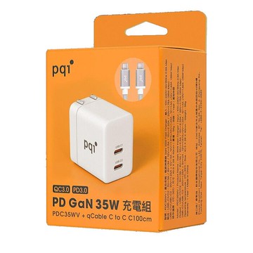 PQI 35W GaN 雙USB-C快速充電器+USB-C to C編織線組合包-白