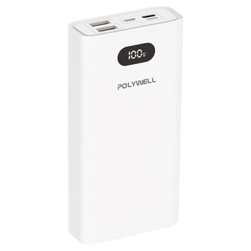 POLYWELL 寶利威爾 22W LED數顯行動電源 20000mAh USB/Type-C/Micro USB/Lightning  PW15-T16-A012  白色