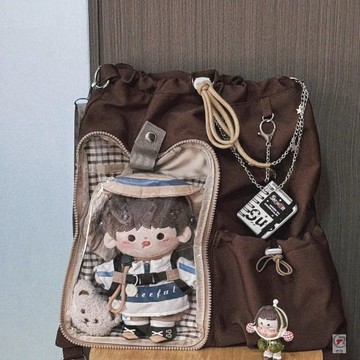 👜 化妝收納包 👜抽绳娃包痛包20厘米棉花娃娃宽肩带大容量双肩包斜挎包可爱学院风