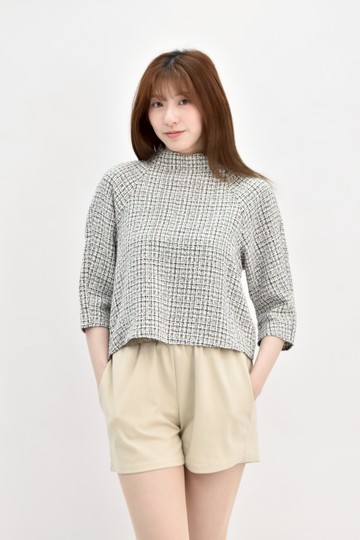 (M) zara小香風混紡七分袖黑色長袖上衣