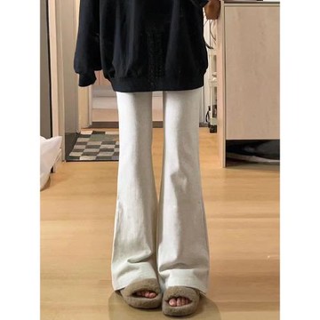 美式白灰色微喇叭運動褲女秋冬季2025新款高腰小個子加絨加厚衛褲