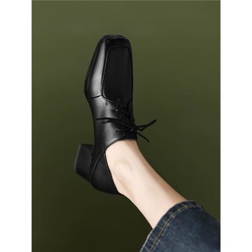 真皮鞋子女2023年春秋新款法式粗跟中跟單鞋英倫風小皮鞋系帶女鞋