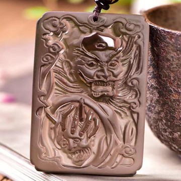開光 天然冰種黑曜石吊墜大號冰種黑曜石鐘馗佛牌掛墜 男項墜掛件