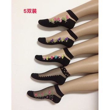 短襪春夏新款鏤空玻璃絲花邊蕾絲襪短筒船襪耐磨薄紗水晶透明襪子