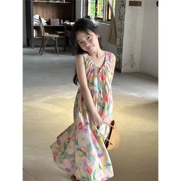 背心連衣裙2026夏中大童女童油畫風大花長款連衣裙夏季度假風長裙