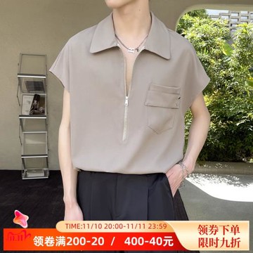 夏季半拉鏈設計套頭背心式無袖襯衫男痞帥坎肩休閑冰絲輕奢發型師