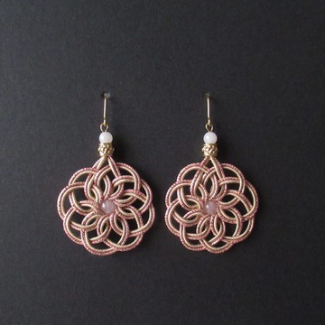 玫瑰石英與白翡翠 手作水引耳環 曼荼羅結