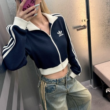 【Sharkhead】現貨 Adidas 短版 外套 深藍 可可 棕 立領 華夫格 針織 三葉草 KC2646 2645