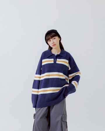 POLO領條紋造型寬版針織毛衣 兩色售
