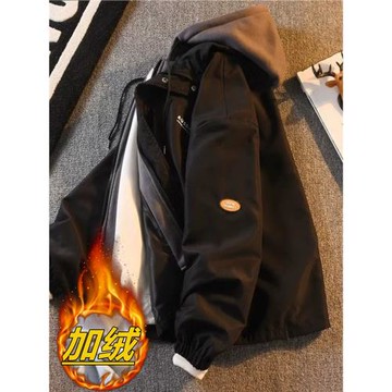 美式復古假兩件連帽外套男潮牌寬松休閑夾克冬季加絨加厚保暖棉衣