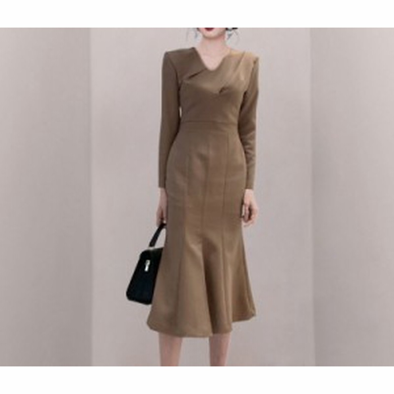 Vネック シンプル マーメイドライン ワンピース 茶 黒 膝丈 上品 Ol 通勤 通販 Lineポイント最大1 0 Get Lineショッピング