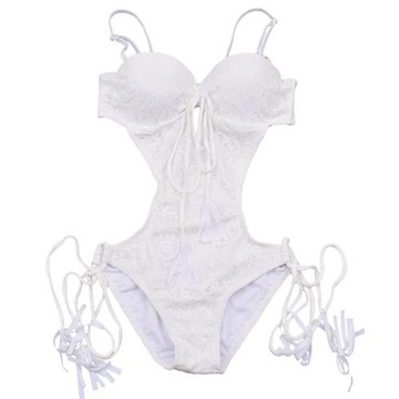 歐美白色蕾絲性感比基尼連體泳衣女小胸聚攏顯瘦海邊沙灘度假泳裝