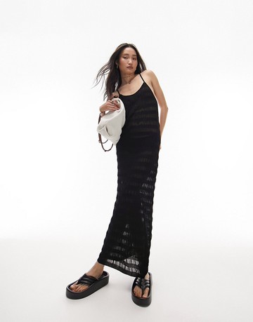 Topshop knitted sheer stripe midi dress in black