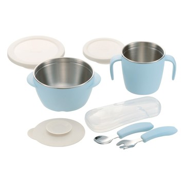 Richell 利其爾 TLI 雙層可拆式不鏽鋼禮盒  雙層可拆式不銹鋼碗 + 雙層可拆式不鏽鋼雙耳杯 + 不鏽鋼叉匙組 +食用器吸盤  藍色  1組