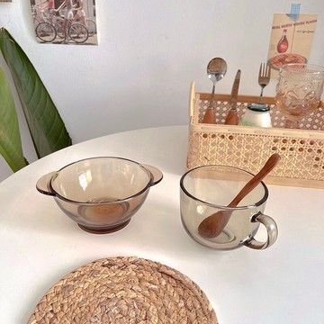 ins風茶色早餐杯麥片牛奶杯水果沙拉碗琥珀色咖啡杯套裝玻璃杯碗