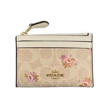 [平輸版] 【COACH】雙色玫瑰印花C LOGO PVC拼接素面皮革前卡夾鑰匙零錢包 真品平輸