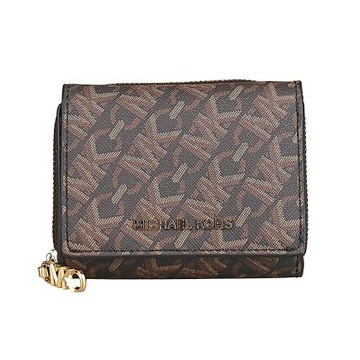 MICHAEL KORS Empire 立體金字LOGO防刮塗層帆布3卡壓釦三折短夾(棕x行李箱棕)